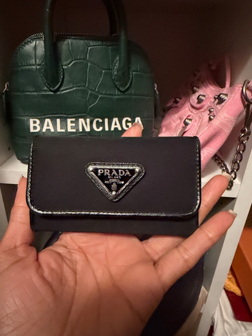 Prada Black Saffiano Triangular Logo Key Pouch